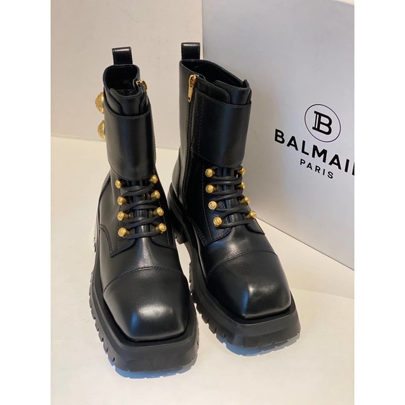 Black Leather Ankle Boots with Gold Accents - Picture 7 of 10